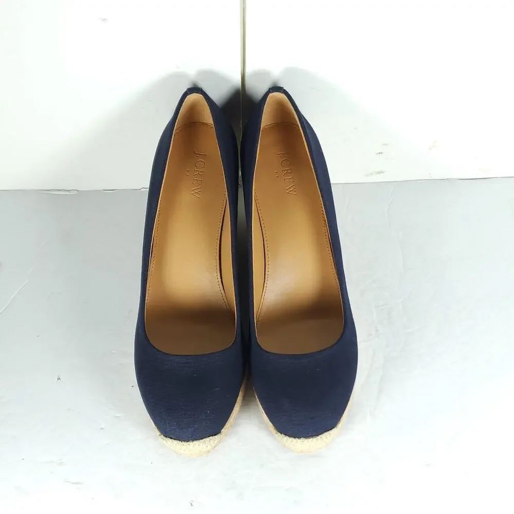 J. Crew Women's US 9 Canvas Navy Blue Wedge Pumps Espadrille Shoes New